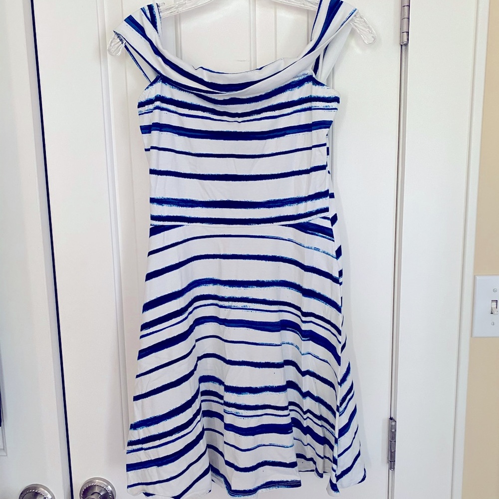 Aqua Off The Shoulder Watercolor Striped Dress
